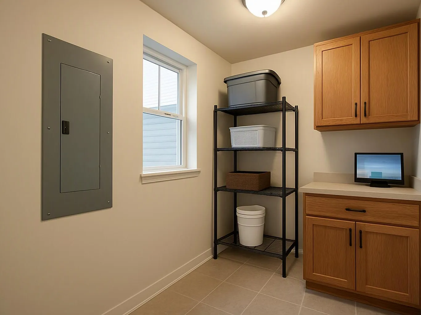 A small utility room with cabinets, a metal shelf of storage bins, a window, and an electrical panel
