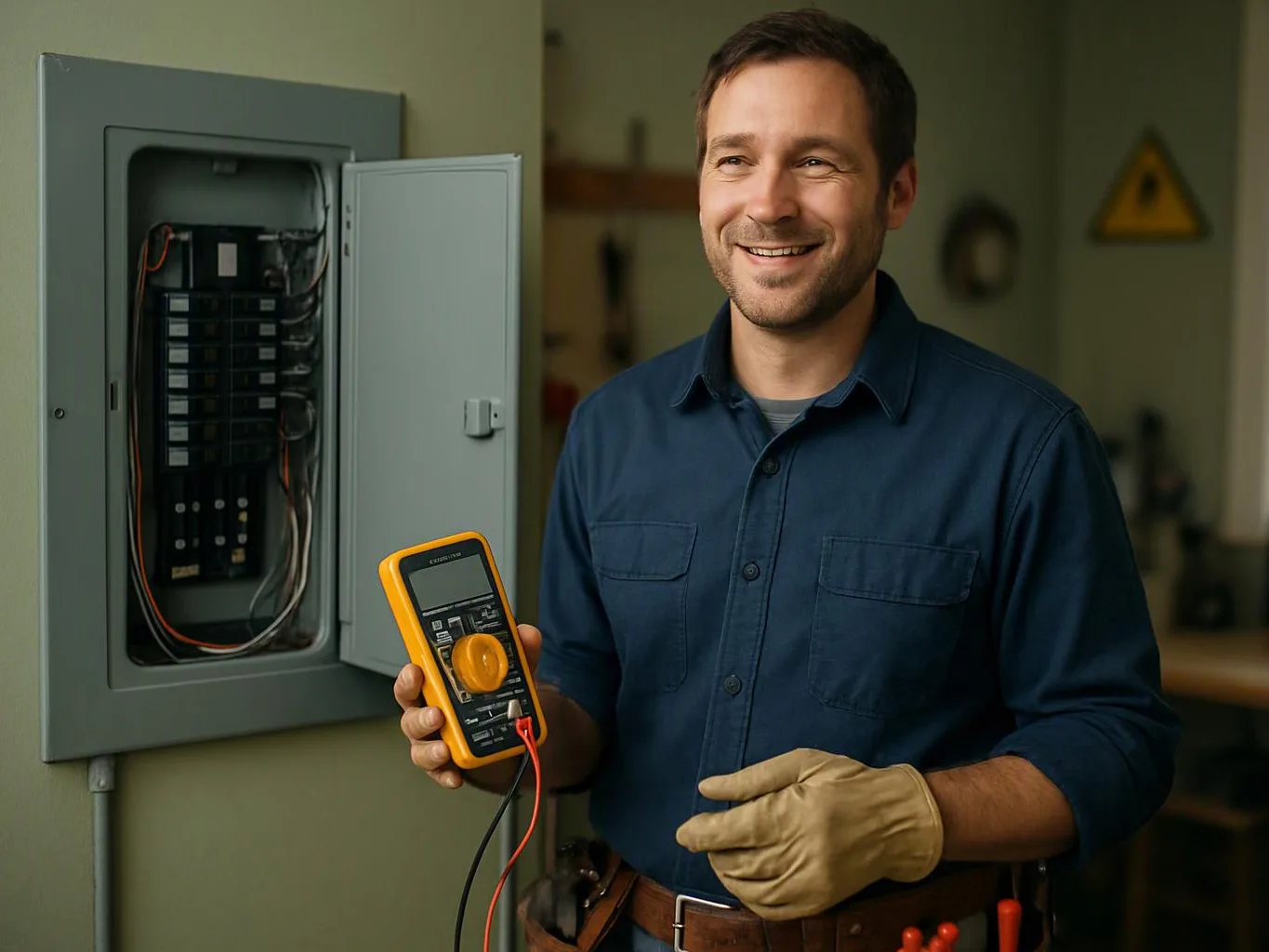 A smiling electrician holds a yellow multimeter beside an open circuit breaker panel indoors