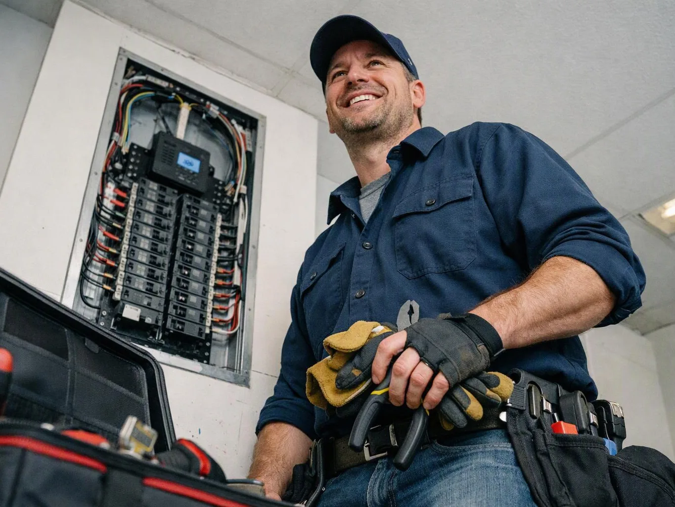 A smiling electrician stands beside an open breaker panel, holding gloves and tools in a bright room