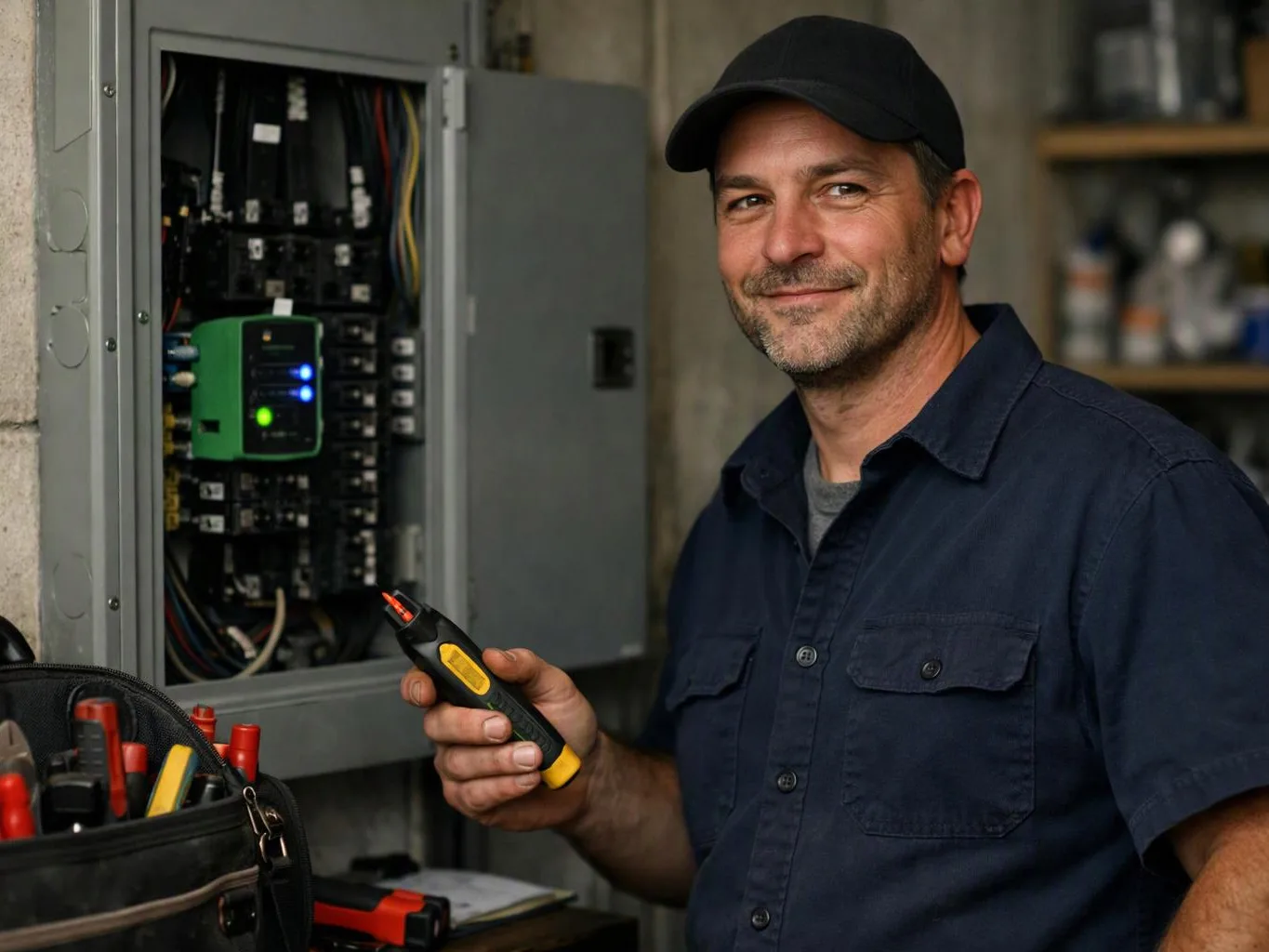 A smiling electrician stands beside an open breaker panel, holding a voltage tester in a workshop