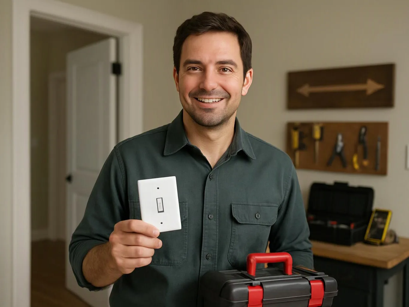 A smiling man holds a light switch plate and a red-handled toolbox in a tidy room with tools on the wall