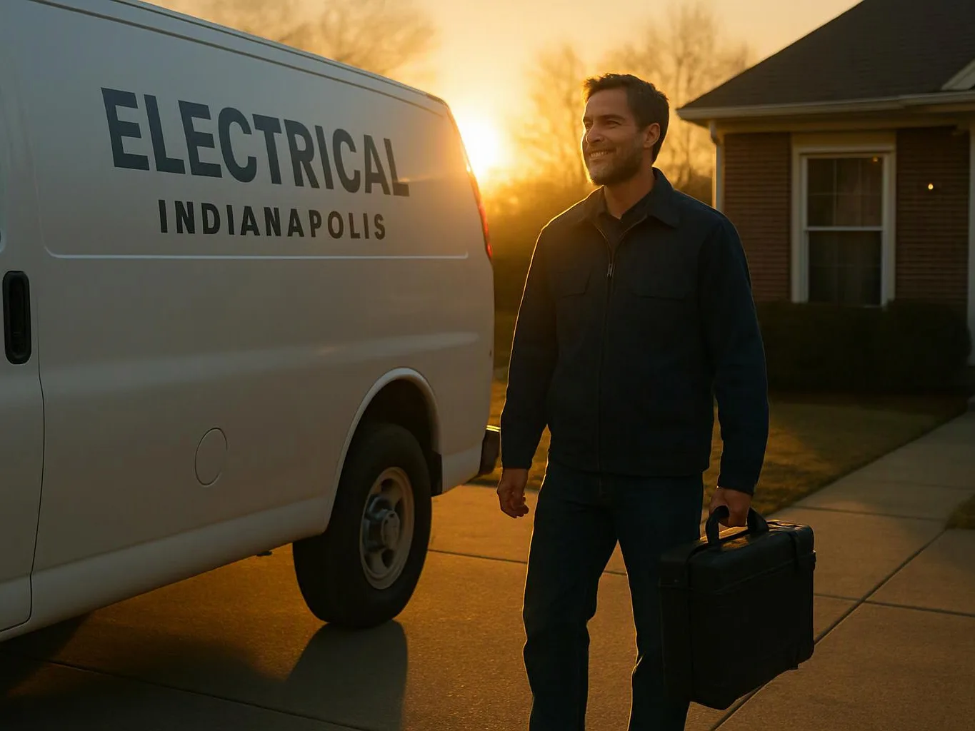 A smiling man stands beside a white electrical van at sunset, holding a black toolbox near a house