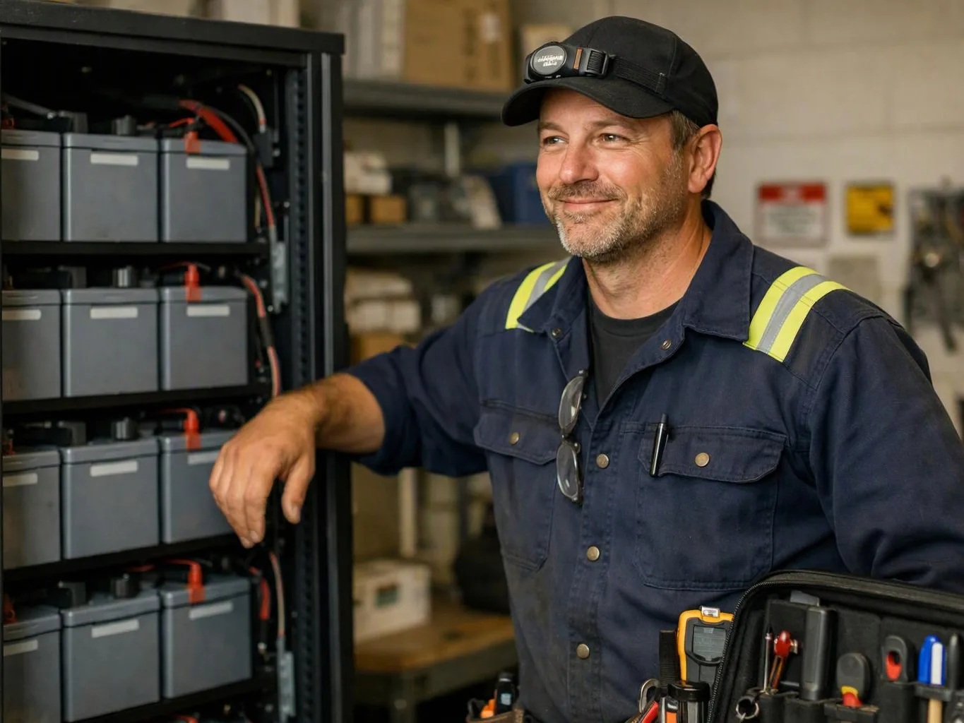 A smiling worker in a dark uniform stands beside stacked batteries in a workshop setting