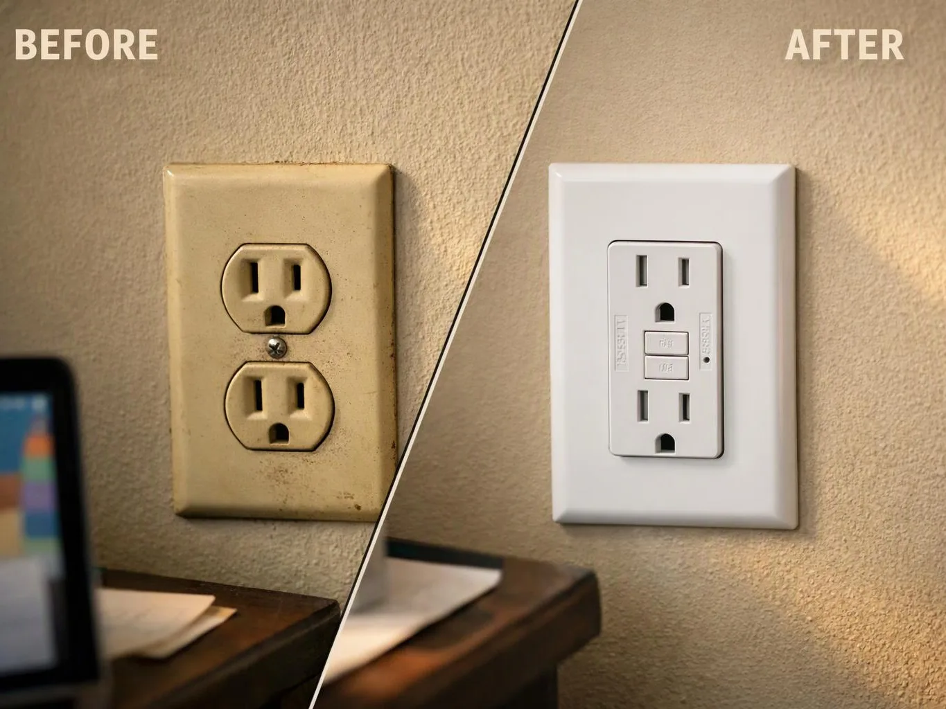 Split before-and-after view shows a dirty beige wall outlet replaced by a clean white GFCI outlet on a wall
