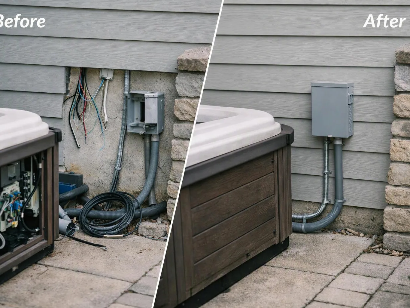 Split before and after view shows exposed wires replaced by a neat gray electrical box beside an outdoor unit