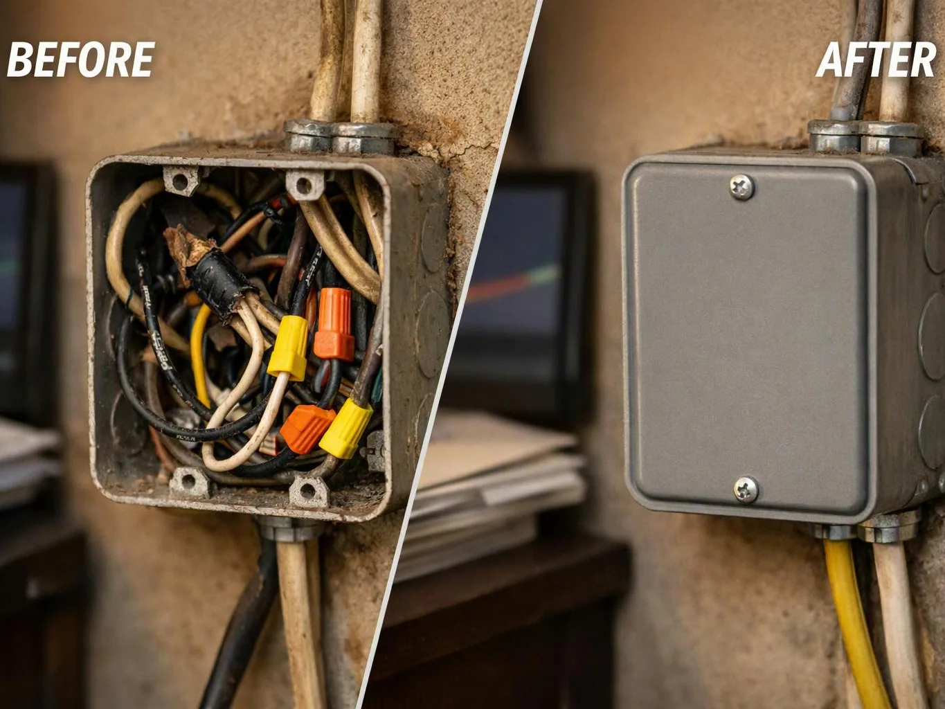 A split before-and-after view shows messy exposed wires in an open junction box beside a covered metal box with cables entering it