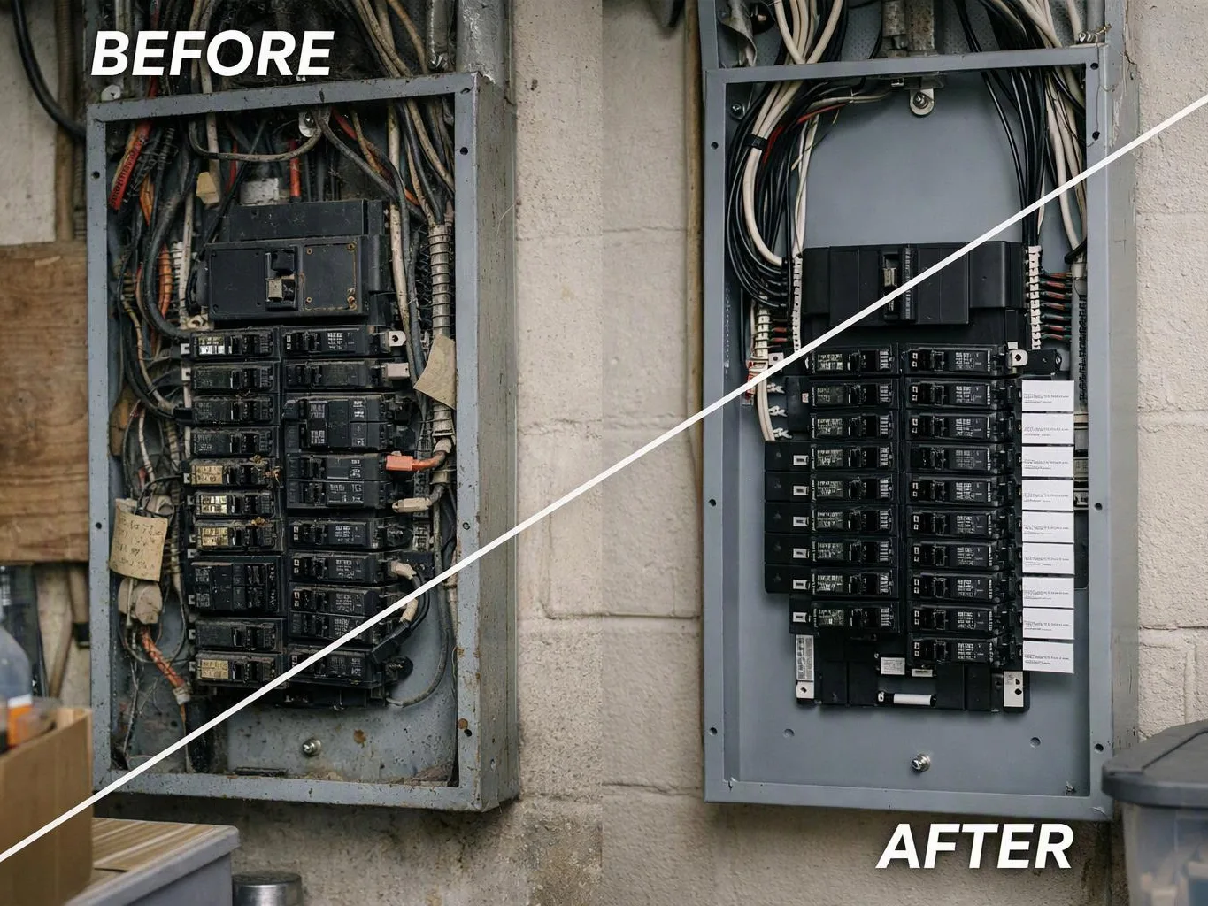 Split image of an old messy electrical panel and a neat upgraded panel against a concrete wall
