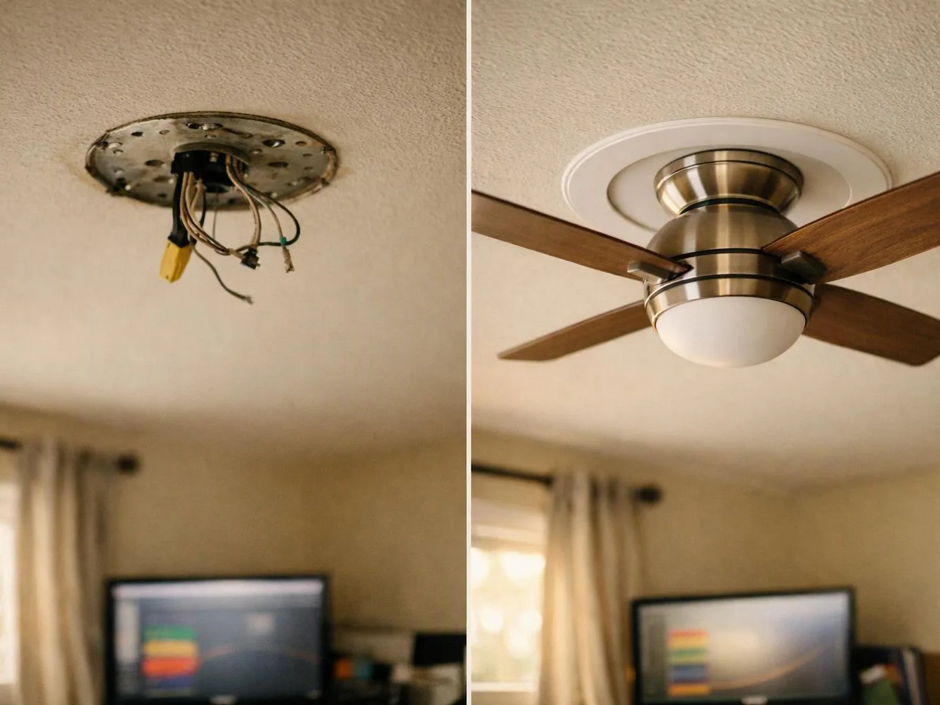 A split image shows a bare ceiling light fixture replaced with a finished ceiling fan above a blurred living room