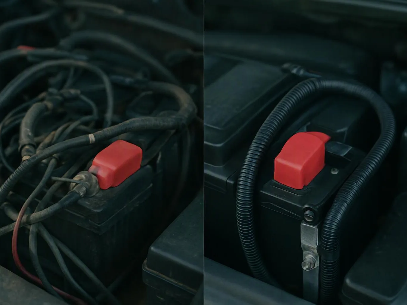 A split image shows a battery compartment with tangled cables on the left and a cleaner battery on the right