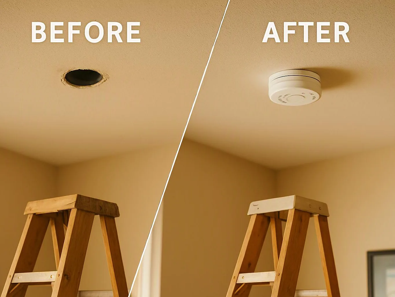 Split image shows a ceiling hole before and a smoke detector after, with a wooden step ladder below