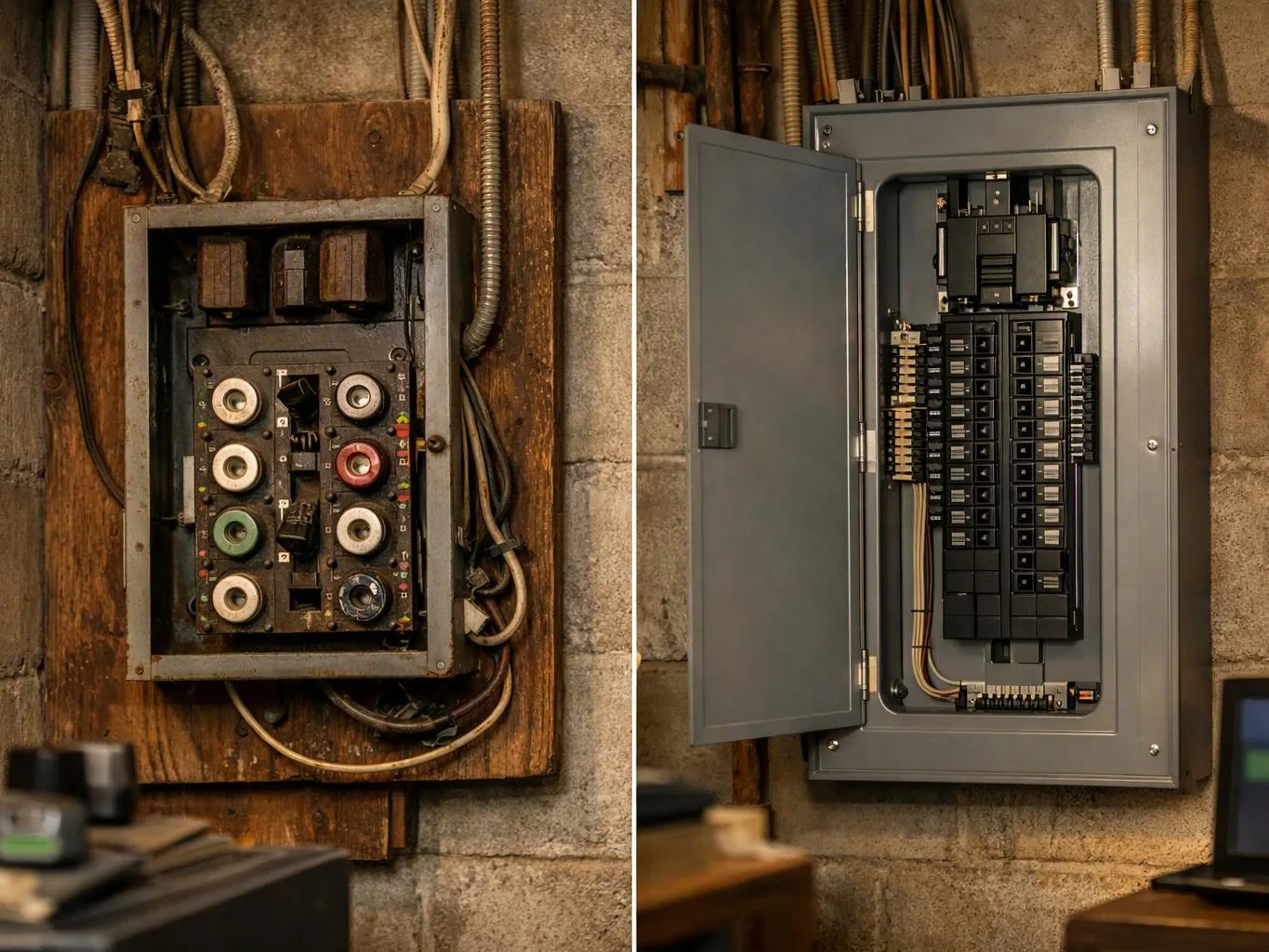 A split image shows an old fuse box beside a modern open electrical panel on a concrete wall