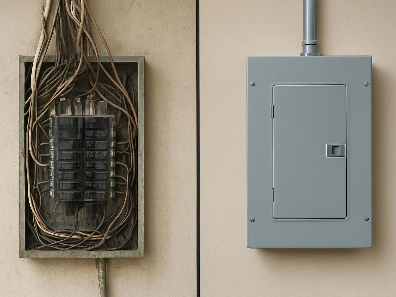 Split image shows old tangled electrical wires beside a neat gray breaker box on a wall