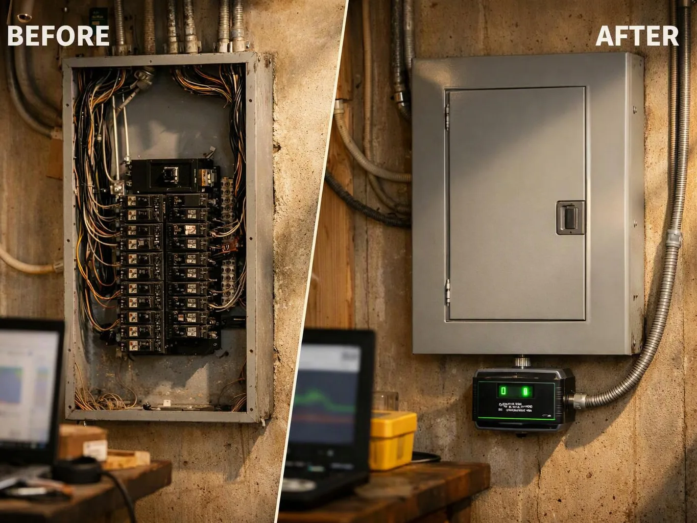 Split image shows an open electrical panel before and a closed gray panel after on a concrete wall