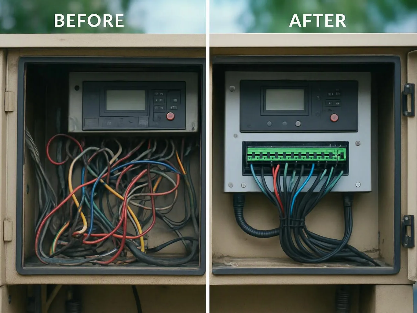Split view of an electrical cabinet, messy wires on the left and neatly organized wiring on the right