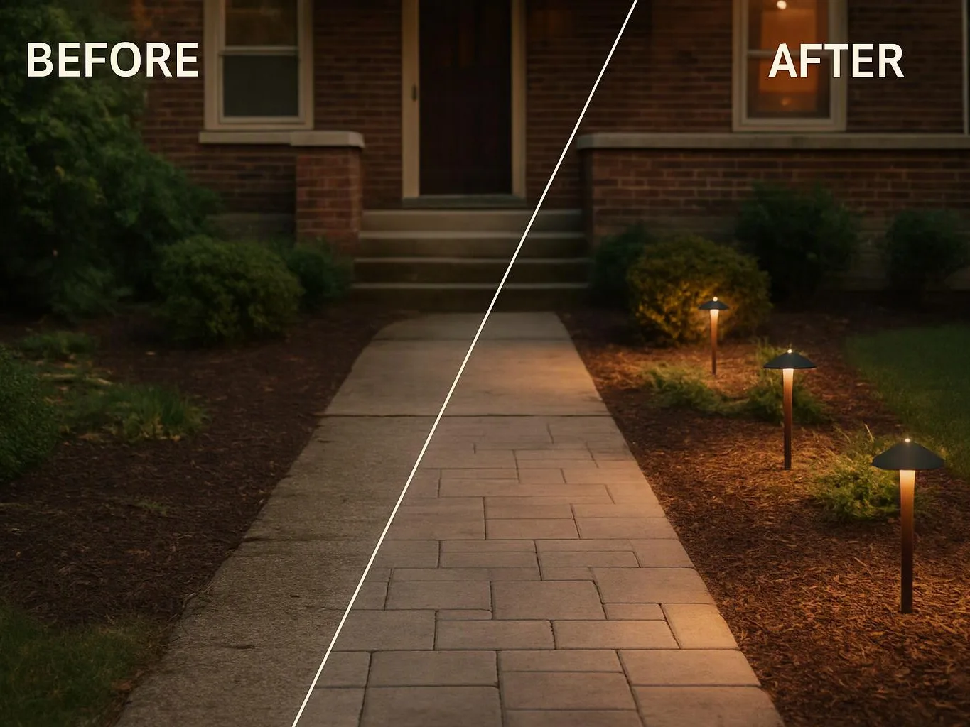 A split view shows a brick house walkway before, then after with small path lights glowing at night
