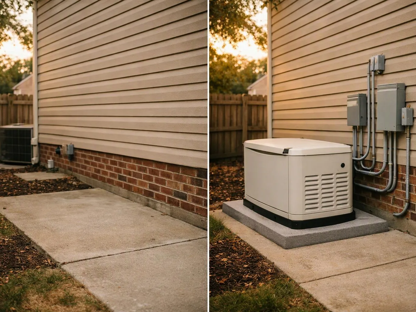 A split view shows a house side yard before and after a white backup generator is installed beside the wall