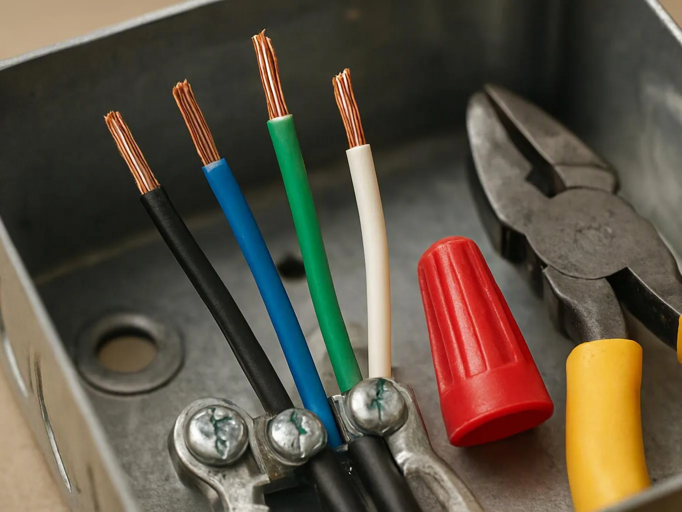 Stripped copper wires stand in a metal junction box beside pliers, wire nuts, and screw terminals