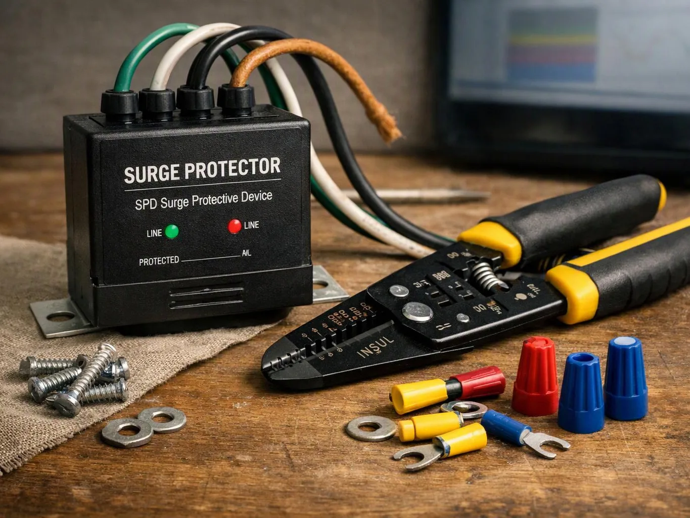 A surge protector box sits beside wire strippers, screws, wire nuts, and crimp connectors on a wooden workbench