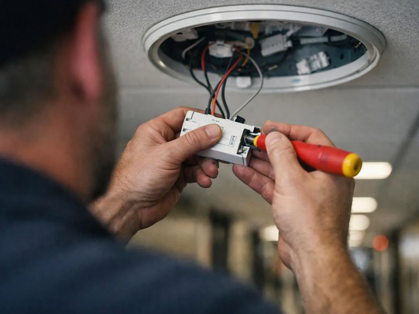 A technician adjusts wiring in a ceiling fixture with a red-handled screwdriver indoors