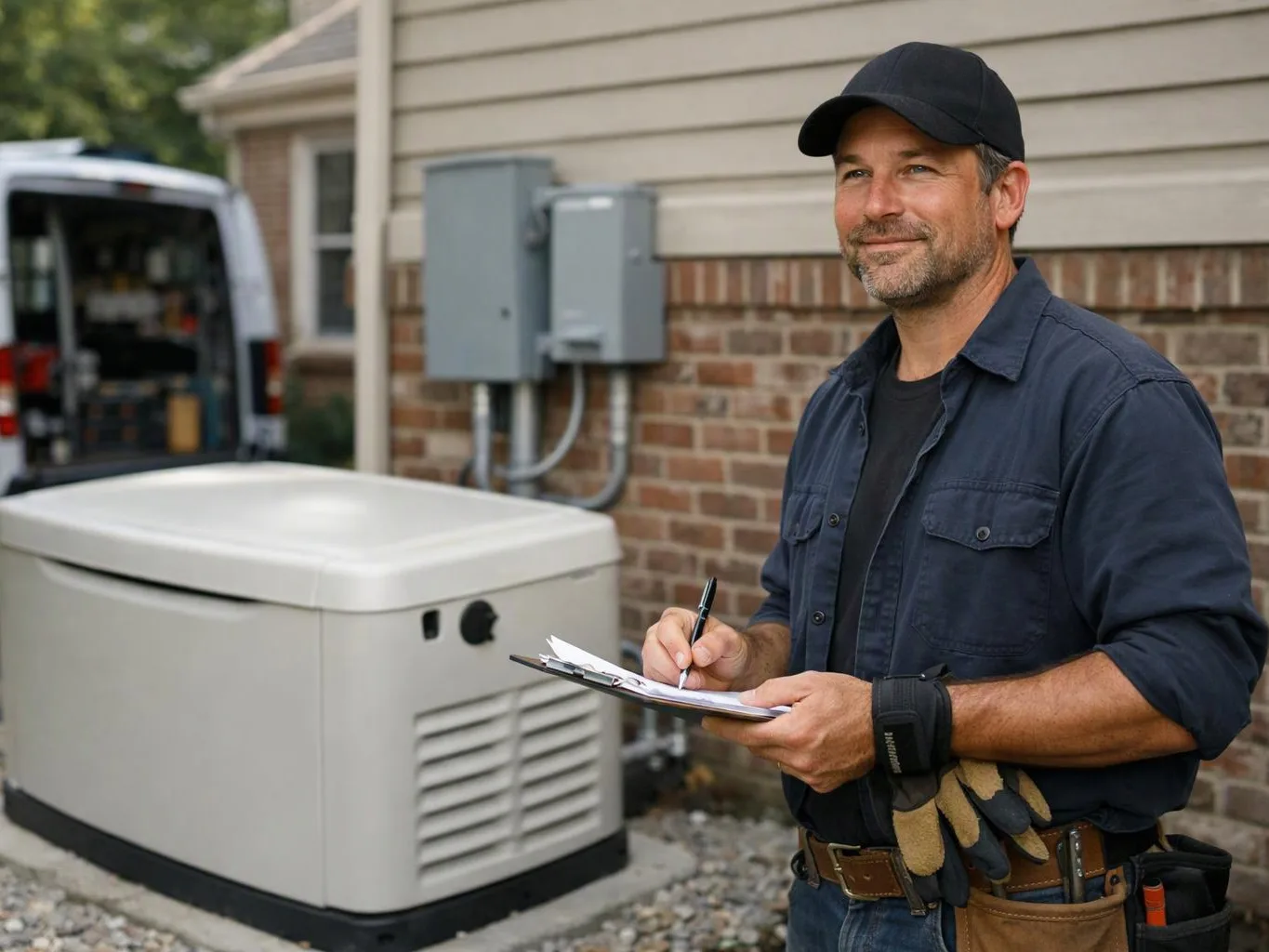 A technician in a black cap writes on a clipboard beside a home generator and service van