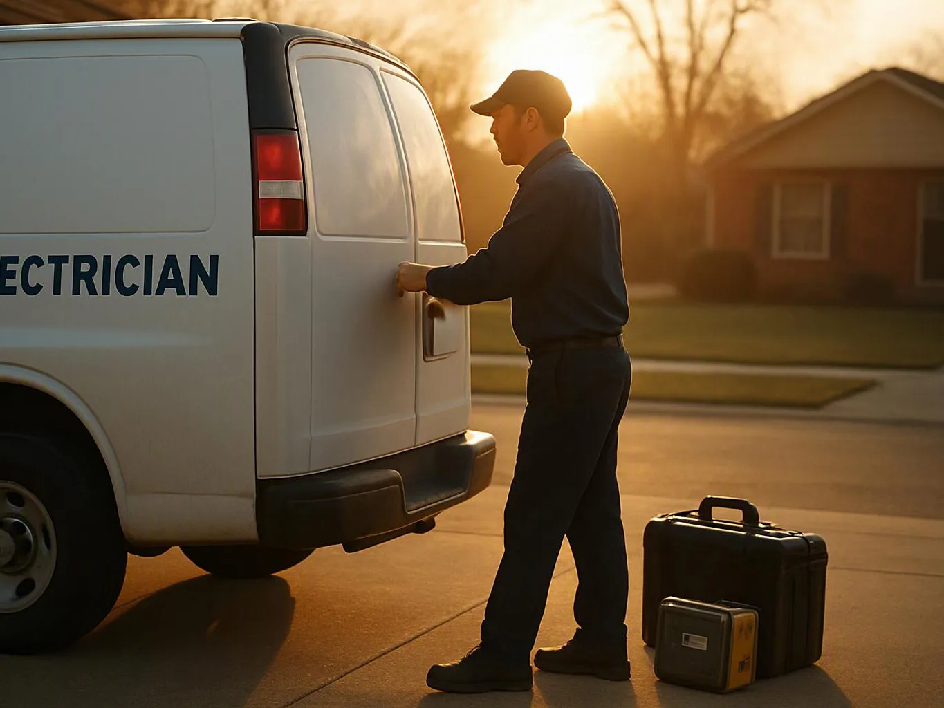 A technician in a cap opens a white van door beside tool cases on a sunlit suburban driveway