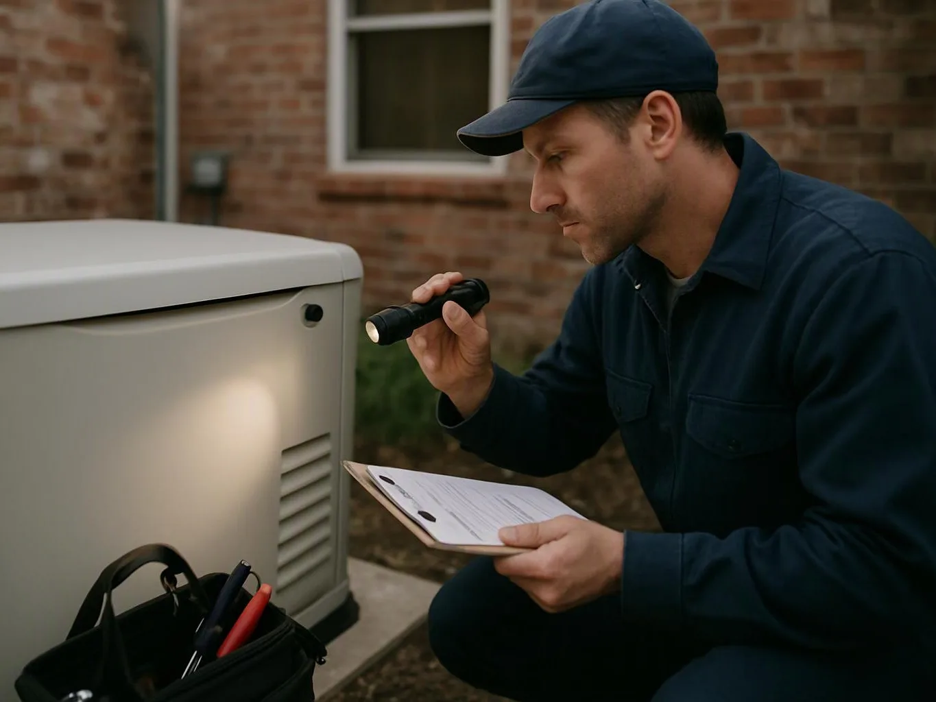 A technician kneels beside a generator, shining a flashlight while checking a clipboard outdoors