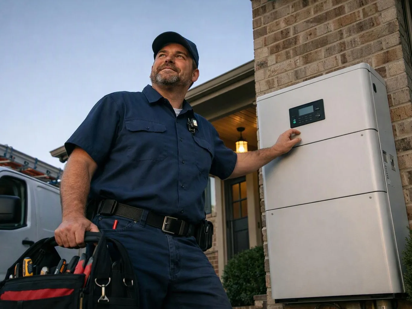 A technician in a navy uniform stands by a wall-mounted control box outside a brick house, holding a tool bag
