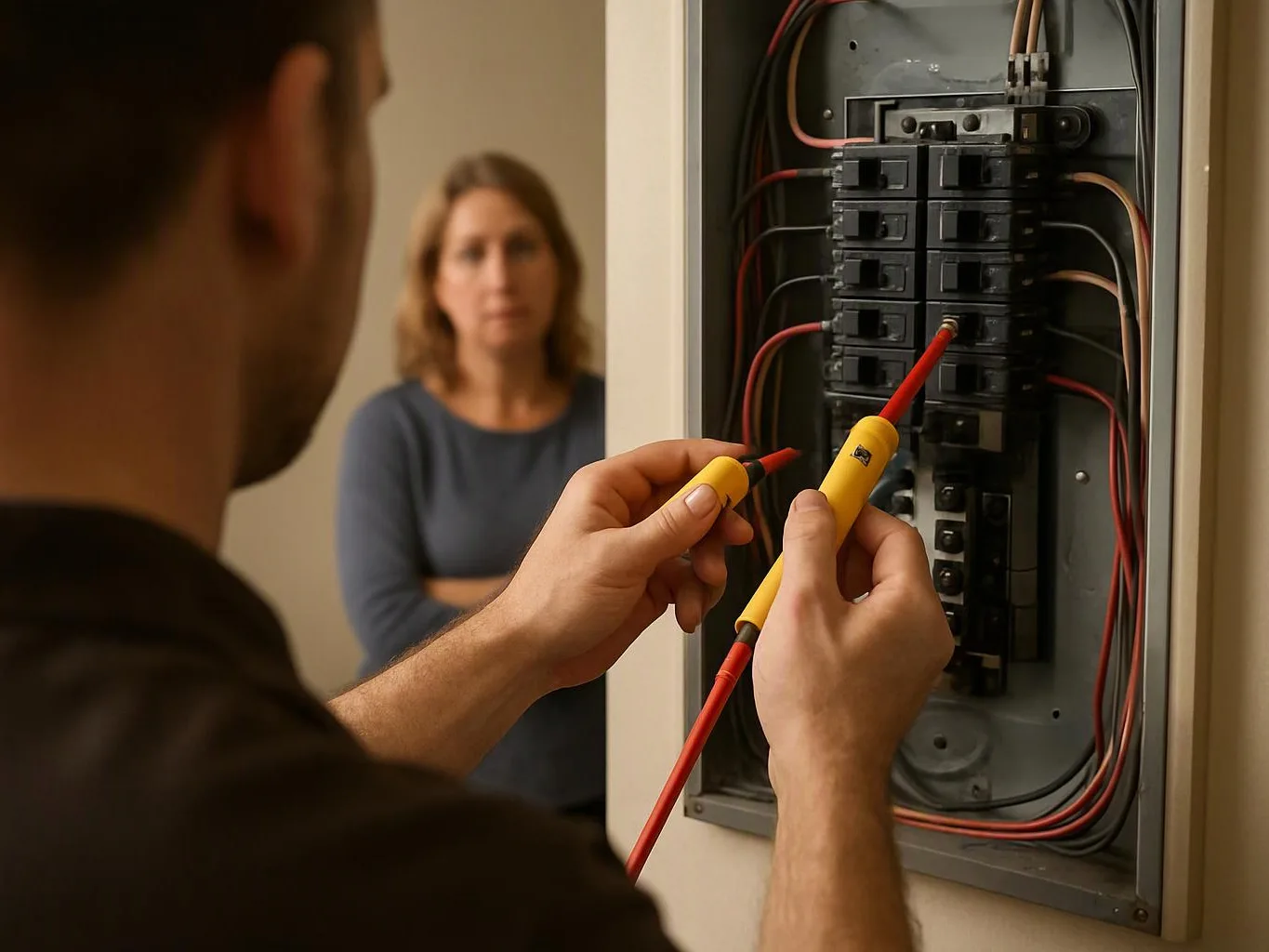 A technician tests an open breaker panel with a woman watching from the hallway
