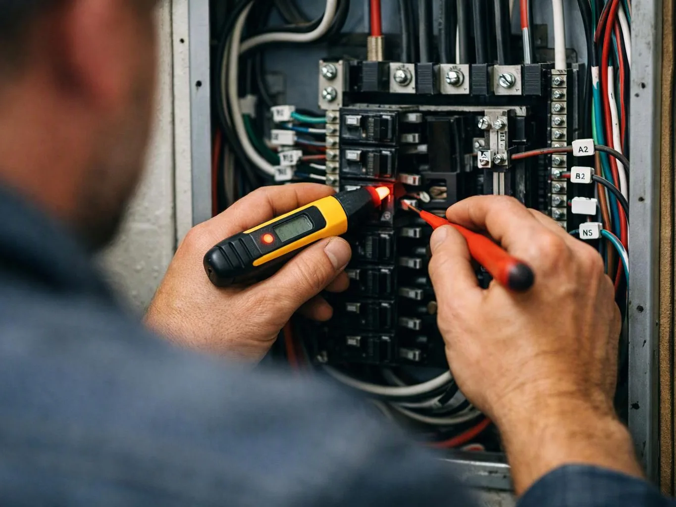 A technician tests wiring inside an electrical breaker panel with a red probe and a yellow voltage tester