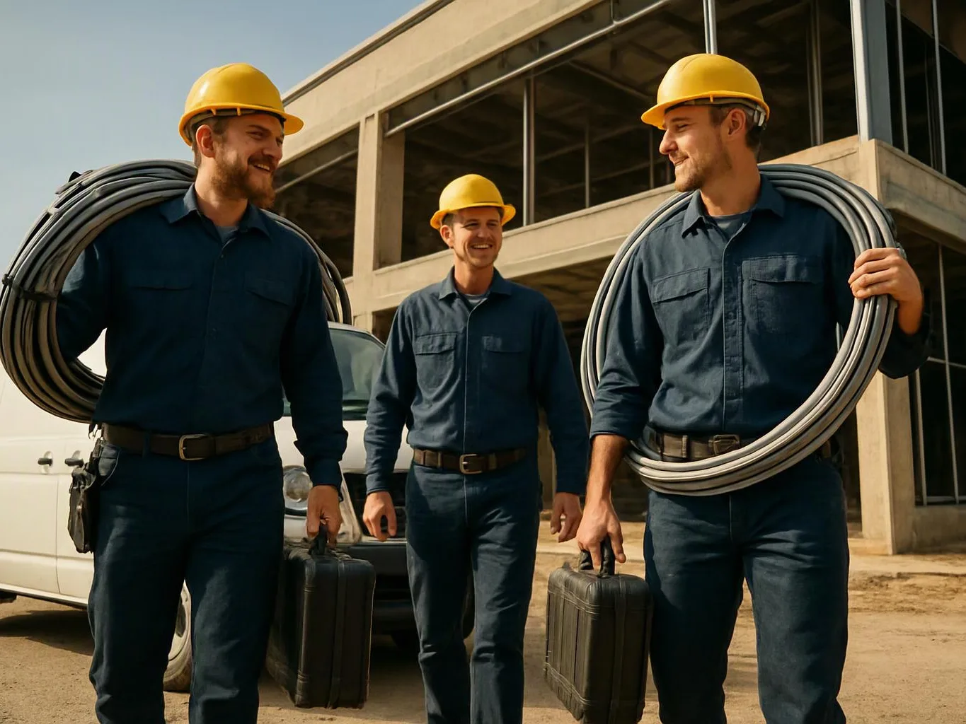 Three construction workers in hard hats carry coiled cables and tool cases outside a concrete building site