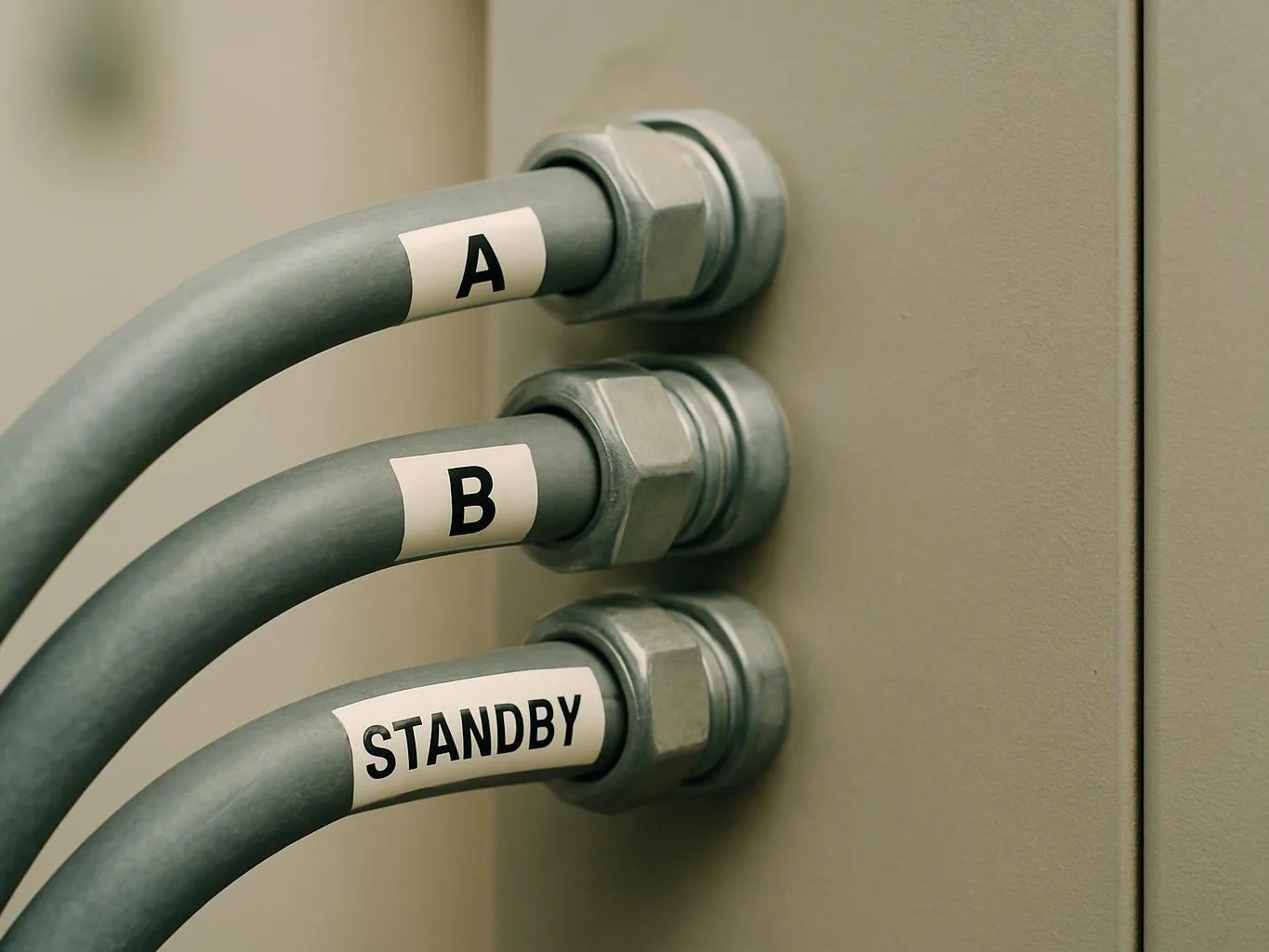 Three labeled gray cables connect into a beige metal panel, with the bottom cable marked STANDBY