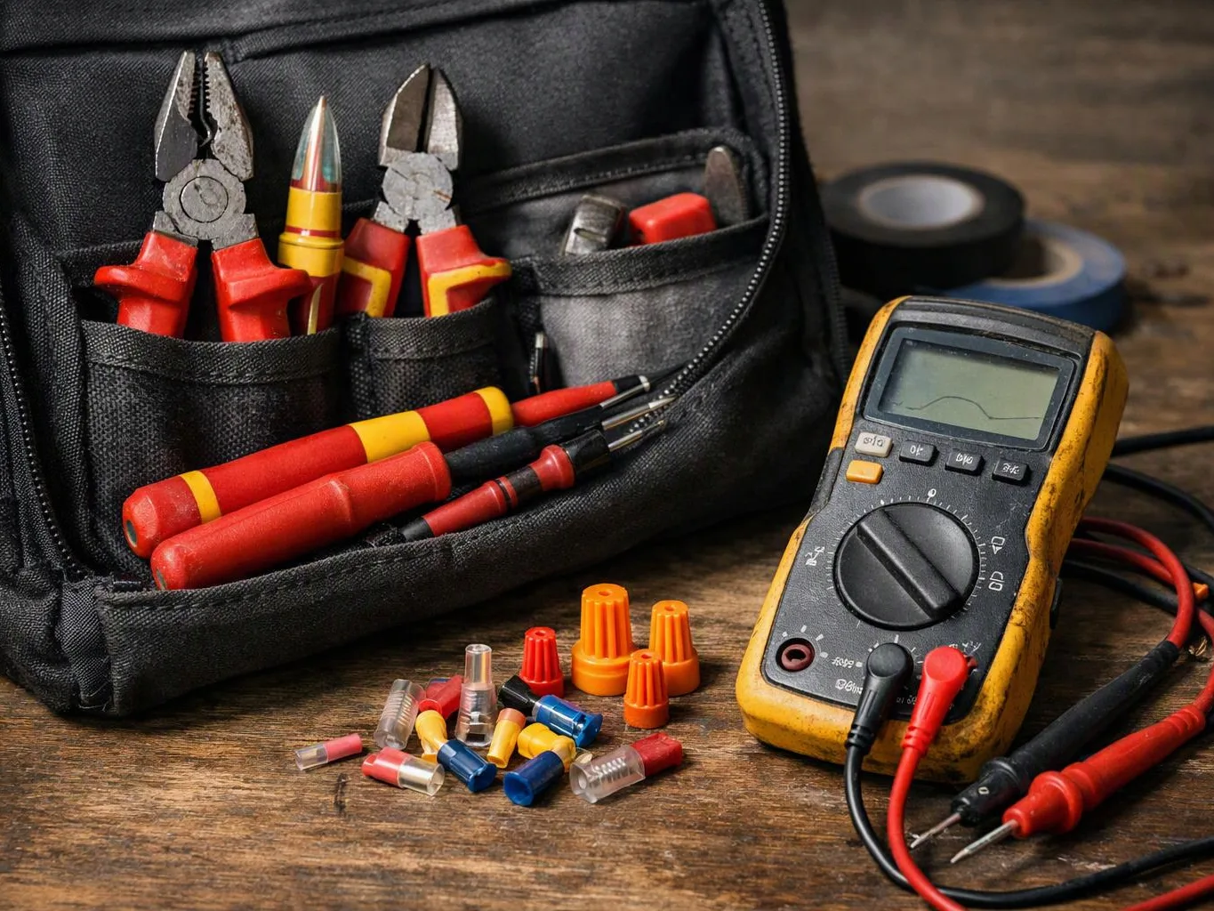 Tool pouch, insulated pliers, screwdrivers, wire caps, and a digital multimeter rest on a wooden workbench