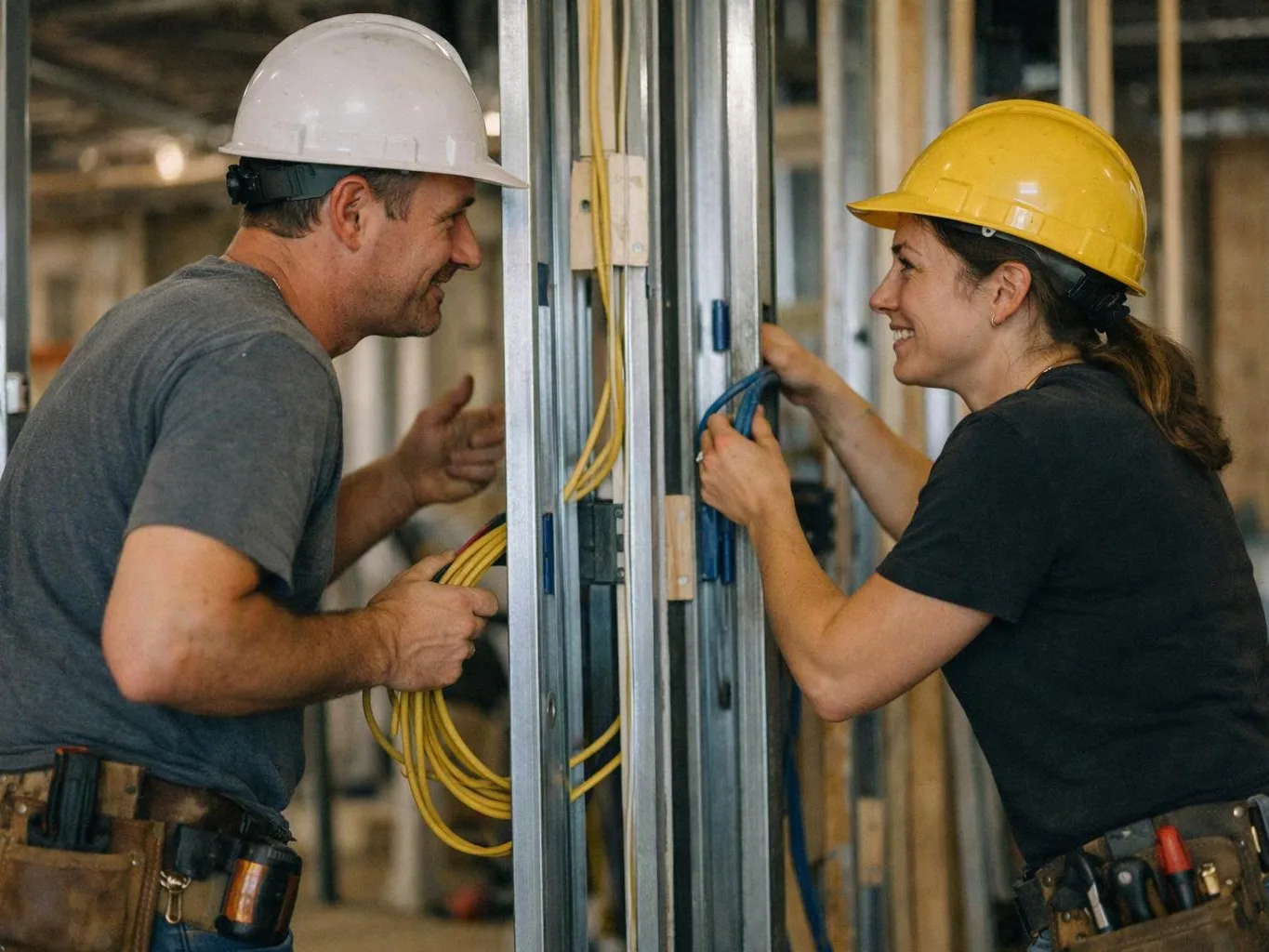 Two construction workers in hard hats smile while working on wiring inside a framed interior wall