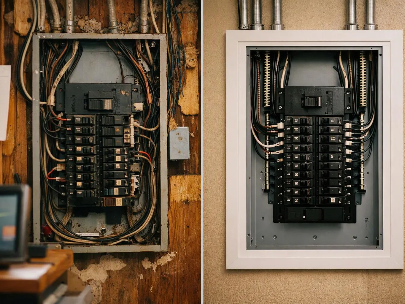 Two electrical breaker panels hang side by side, one old and exposed, the other cleanly framed and wired