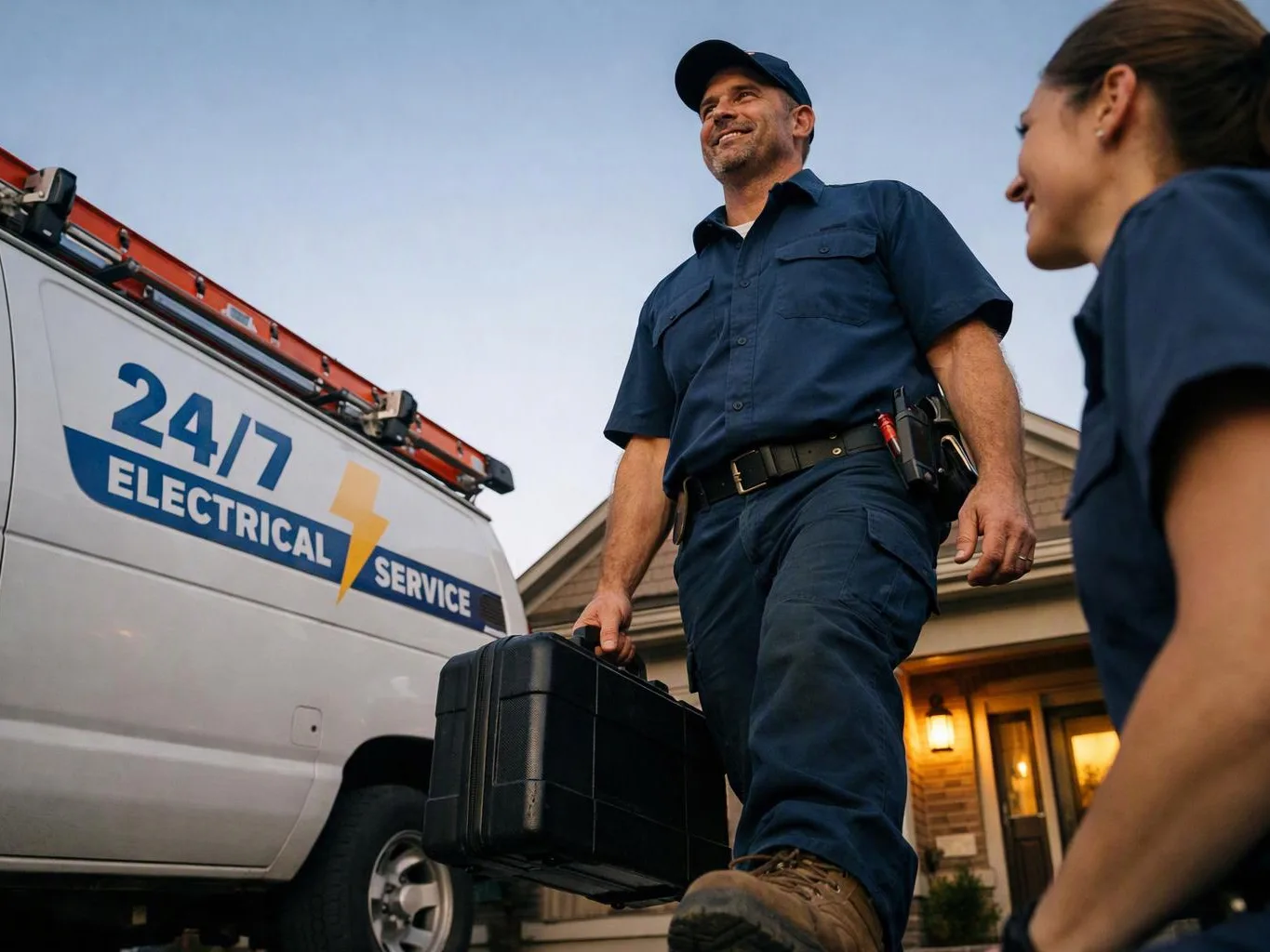 Two electricians in navy uniforms stand by a service van, one carrying a toolbox outside a house at dusk