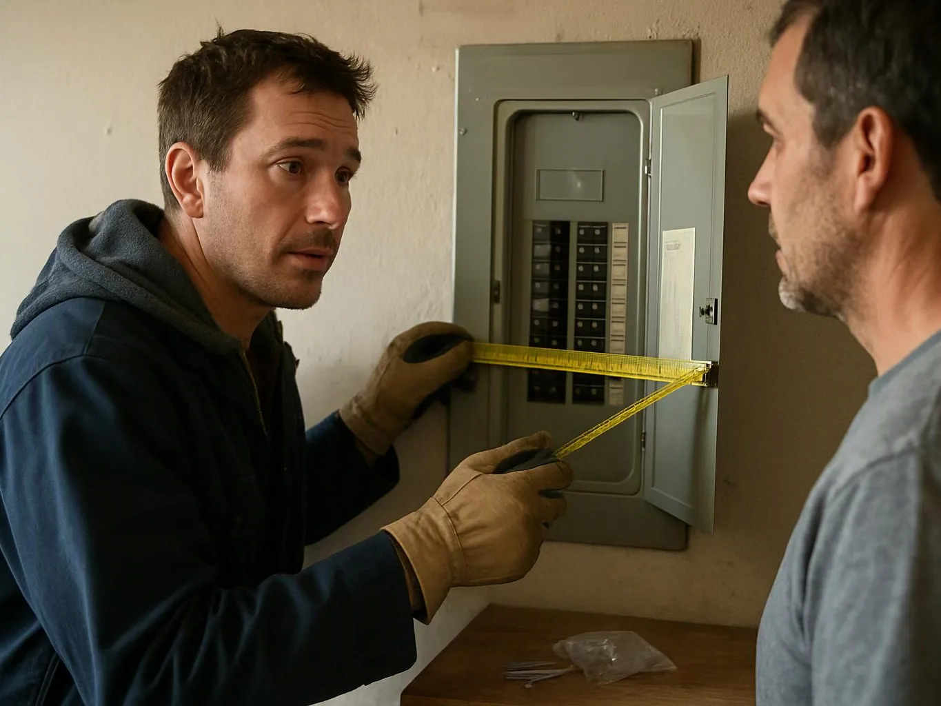 Two men measure an open electrical panel with a yellow tape measure in a plain room