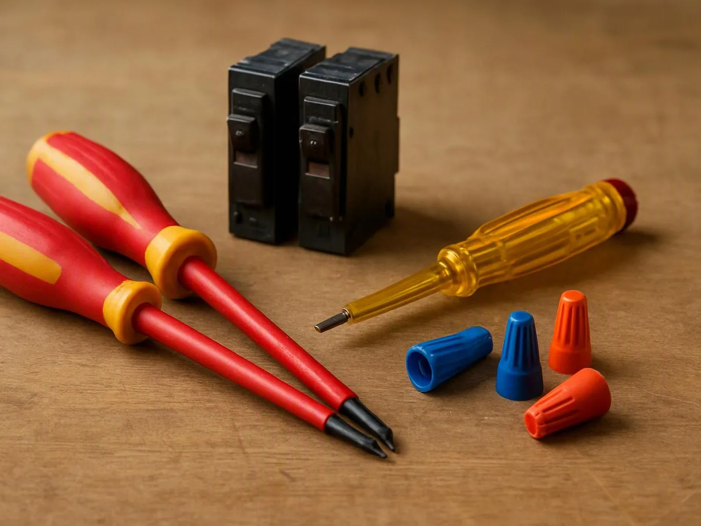 Two screwdrivers, two black switch modules, and colorful wire nuts lie on a wooden surface