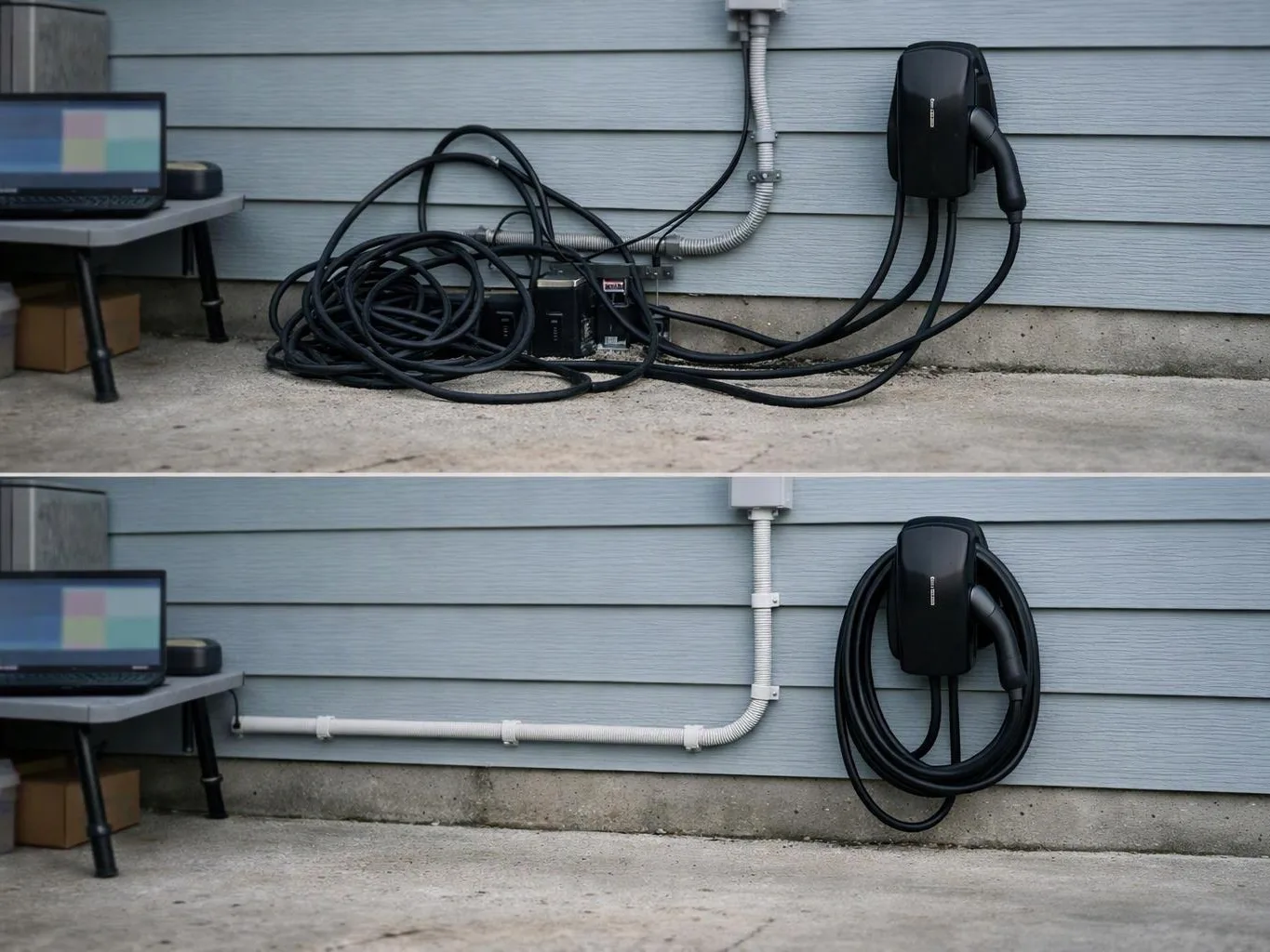 Two side-by-side views show a wall-mounted black charging unit with tangled cables before and neatly coiled after