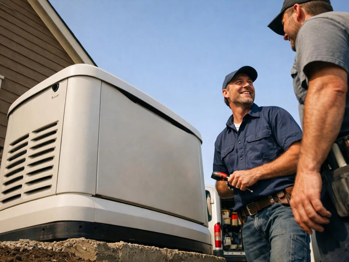 Two technicians stand beside a large outdoor generator, talking under a clear blue sky