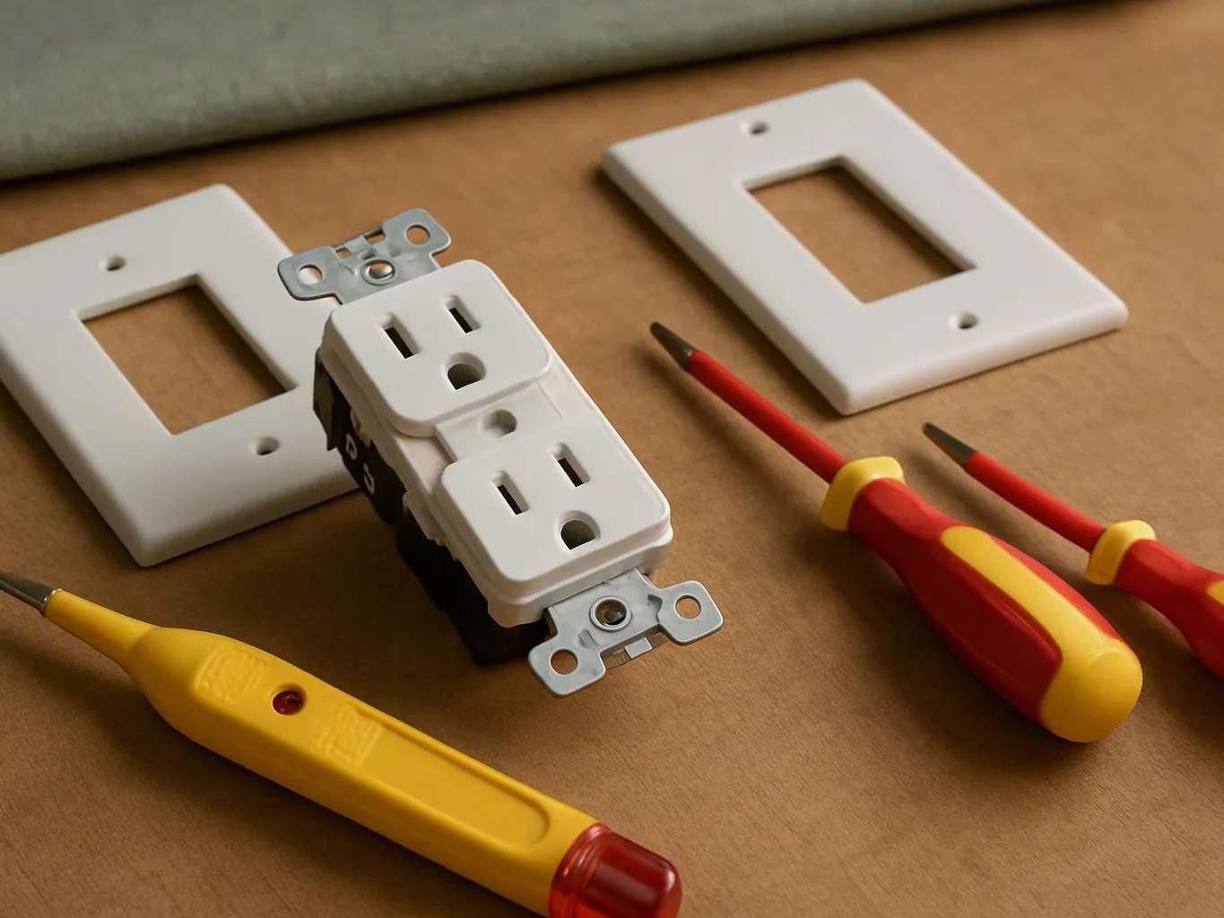 Two white outlet plates, a loose electrical outlet, and red and yellow screwdrivers rest on a brown work surface