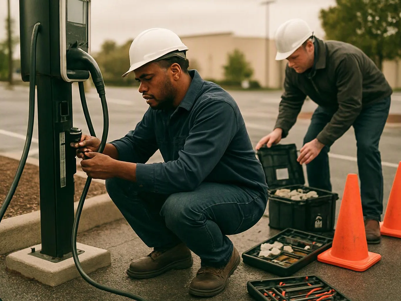 Two workers in hard hats inspect a charging post beside open tool cases and orange cones in a parking lot