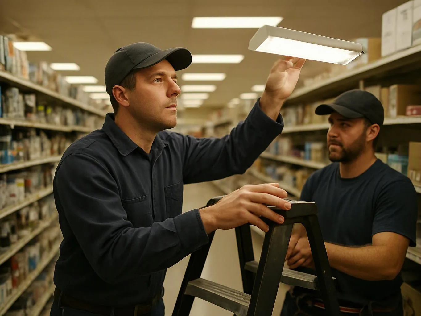 Two workers stand on a ladder in a store aisle, checking a ceiling light fixture