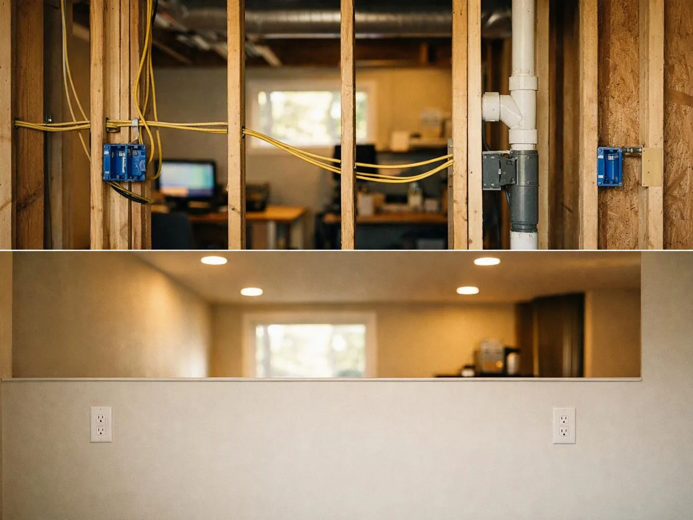 An unfinished wall with wiring sits above a finished interior wall with a large pass-through opening