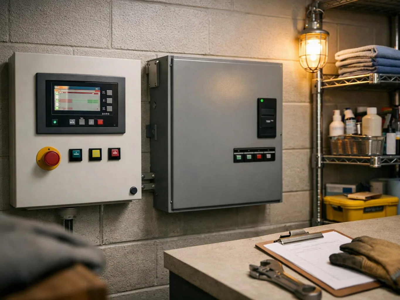 A utility room shows two gray control panels on a concrete wall beside shelves, a workbench, and safety gear