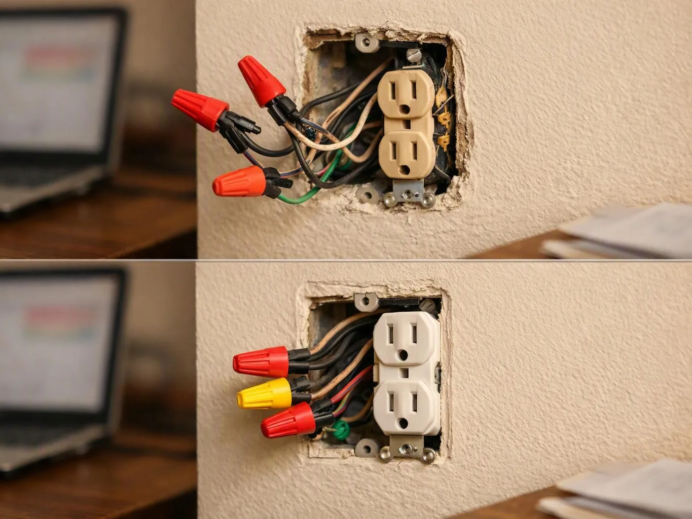 A wall outlet is shown before and after repair, with exposed wires and wire nuts beside the socket