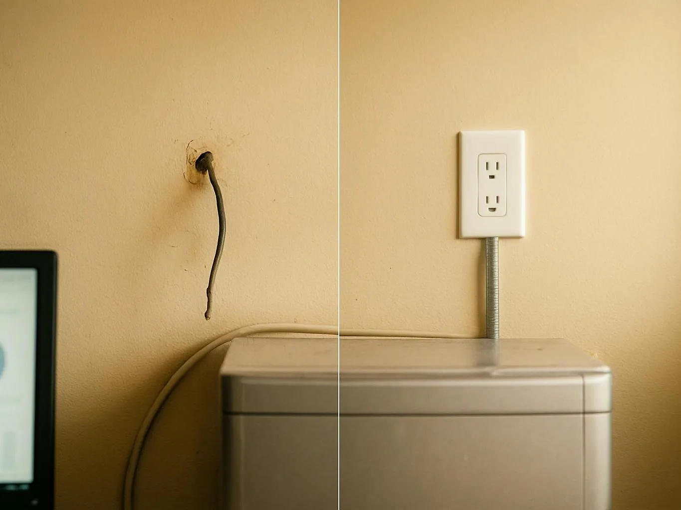 A wall outlet sits above a metal appliance, with a loose black wire hanging from another hole on the left