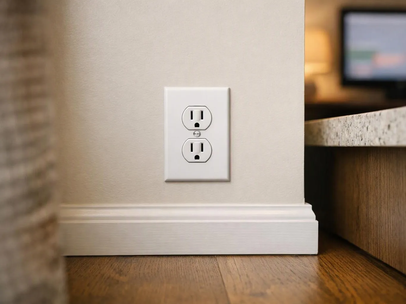 A wall outlet sits above a white baseboard beside a countertop in a softly lit room