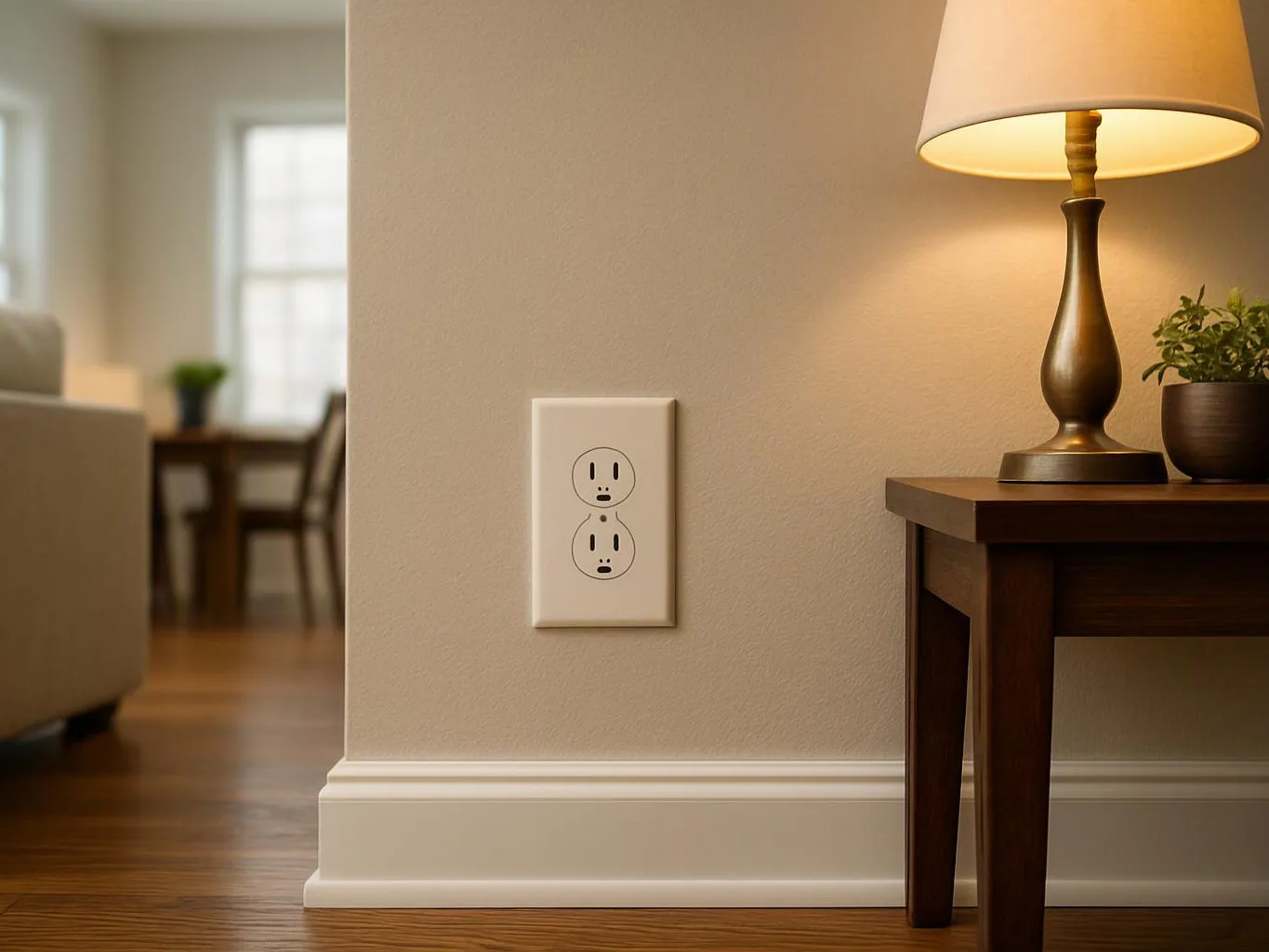 A wall outlet sits beside a lit lamp on a side table in a warm living room