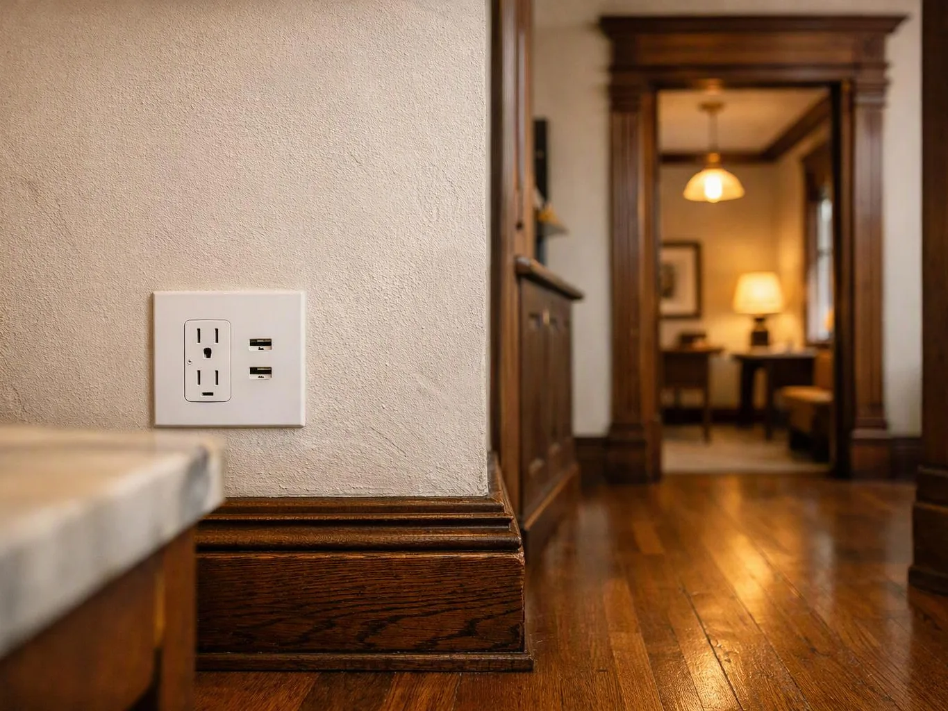 A wall outlet and USB ports sit on a textured wall beside a polished hardwood hallway with warm lighting