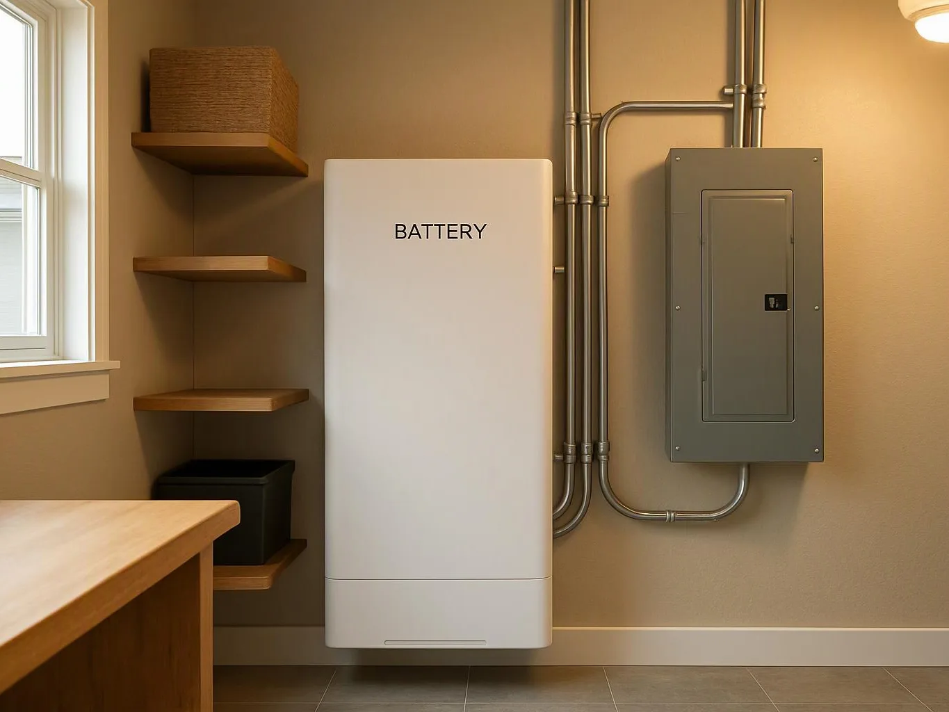 A white battery cabinet stands beside a gray electrical panel and wall shelves in a tidy utility room